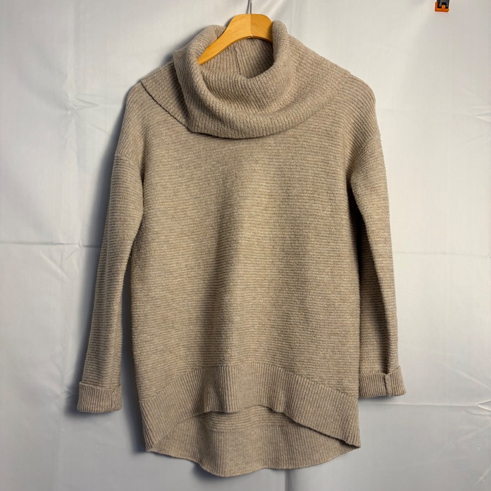 LOFT Womens Cowl Neck Ribbed Knit Sweater Oatmeal Beige High Low Hem XS 499008